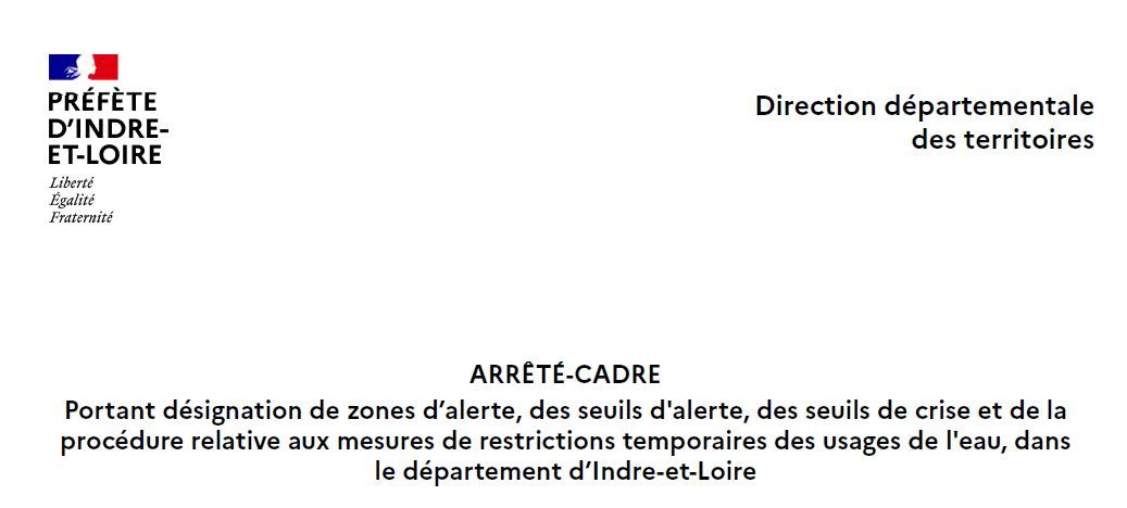 Arrêté cadre portant sur les mesures de restrictions des usages de l’eau en Indre-et-Loire